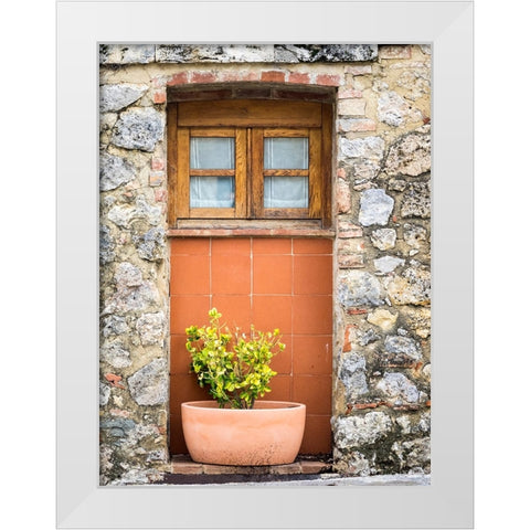 Italy-Chianti-Monteriggioni Wooden shutters on a window with planter below White Modern Wood Framed Art Print by Eggers, Julie