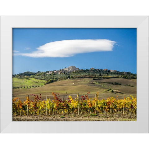 Italy-Tuscany Colorful vineyards in autumn with blue skies and clouds White Modern Wood Framed Art Print by Eggers, Julie