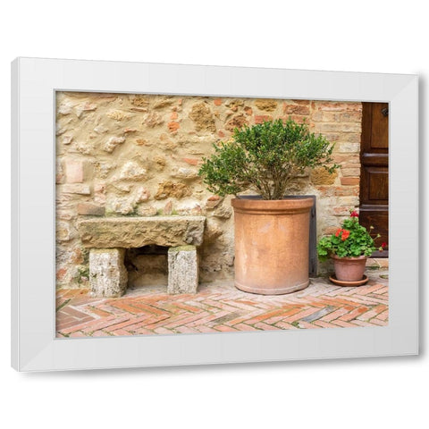 Italy-Tuscany-Pienza Potted plants and stone bench along the streets White Modern Wood Framed Art Print by Eggers, Julie