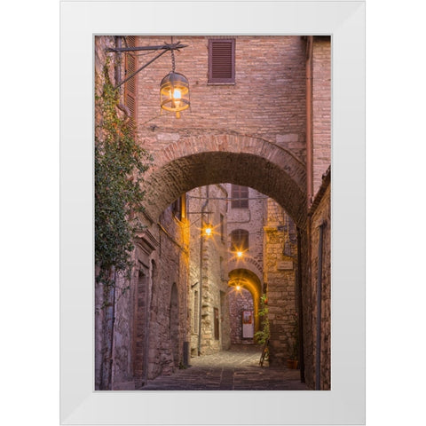 Italy- Umbria- Assisi. Alleyway with arches and lanterns in the evening. White Modern Wood Framed Art Print by Eggers, Julie