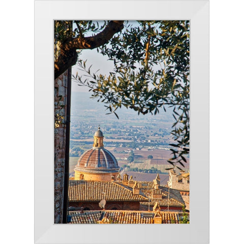 Italy- Umbria- Assisi. The dome of the Convento Chiesa Nuova with the countryside in the distance. White Modern Wood Framed Art Print by Eggers, Julie