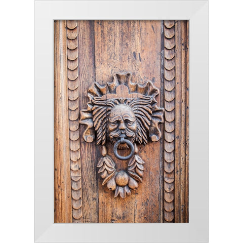 Italy- Umbria- Assisi. Ornate wood carved door knocker. White Modern Wood Framed Art Print by Eggers, Julie
