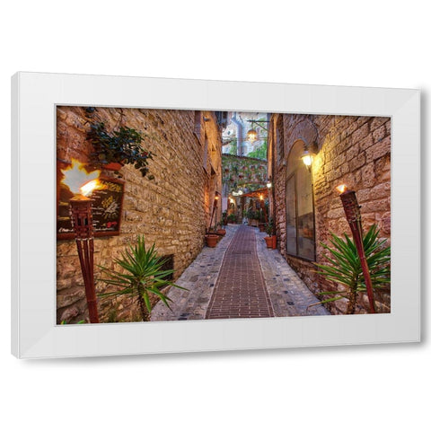 Italy- Umbria. Street lined with flower pots in the town of Assisi. White Modern Wood Framed Art Print by Eggers, Julie
