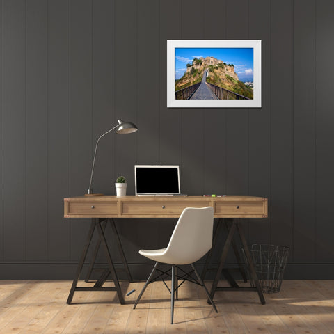 Italy- Tuscany. Evening view of Civita di Bagnoregio and the long bridge leading to town. White Modern Wood Framed Art Print by Eggers, Julie