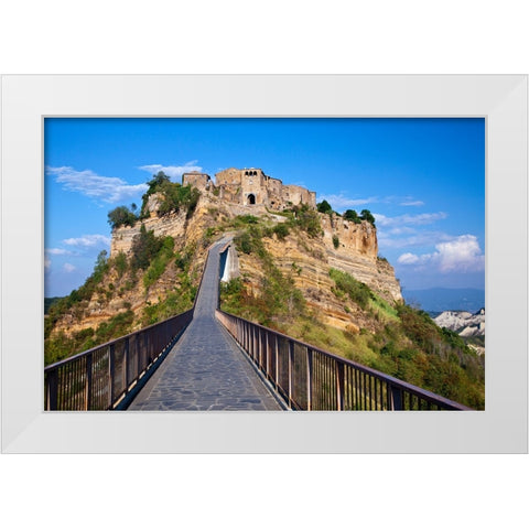 Italy- Tuscany. Evening view of Civita di Bagnoregio and the long bridge leading to town. White Modern Wood Framed Art Print by Eggers, Julie