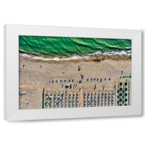 Italy-Tuscany-Torre del Lago Puccini-boathouse and neatly ordered beach chairs and umbrellas White Modern Wood Framed Art Print by Molinari, Michele