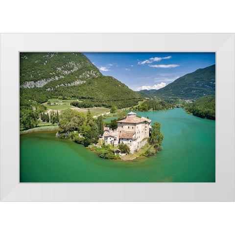 Italy-Trentino-castle and Toblino Lake White Modern Wood Framed Art Print by Molinari, Michele