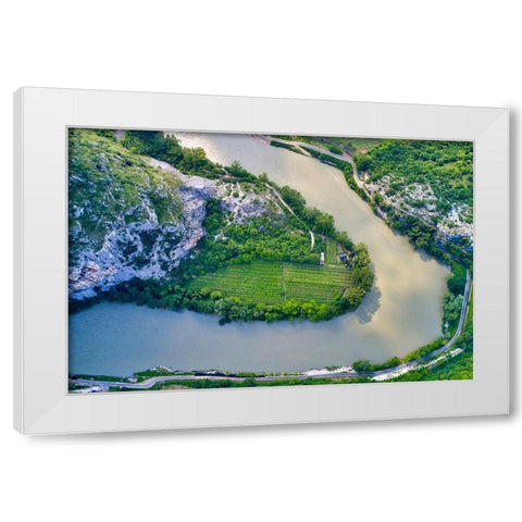 Italy-Adige river bend and vineyards White Modern Wood Framed Art Print by Molinari, Michele