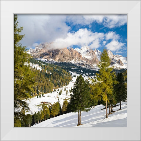 Geisler mountain range in the dolomites of the Groden Valley or Val Gardena in South Tyrol-Alto Adi White Modern Wood Framed Art Print by Zwick, Martin