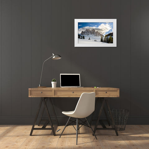 Geisler mountain range in the dolomites of the Villnoss Valley in South Tyrol-Alto Adige after an a White Modern Wood Framed Art Print by Zwick, Martin