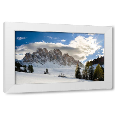 Geisler mountain range in the dolomites of the Villnoss Valley in South Tyrol-Alto Adige after an a White Modern Wood Framed Art Print by Zwick, Martin