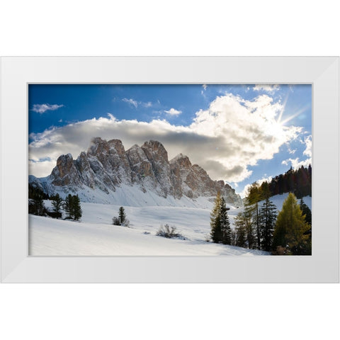 Geisler mountain range in the dolomites of the Villnoss Valley in South Tyrol-Alto Adige after an a White Modern Wood Framed Art Print by Zwick, Martin