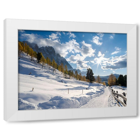 Geisler mountain range in the dolomites of the Villnoss Valley in South Tyrol-Alto Adige after an a White Modern Wood Framed Art Print by Zwick, Martin
