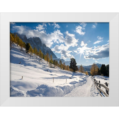 Geisler mountain range in the dolomites of the Villnoss Valley in South Tyrol-Alto Adige after an a White Modern Wood Framed Art Print by Zwick, Martin
