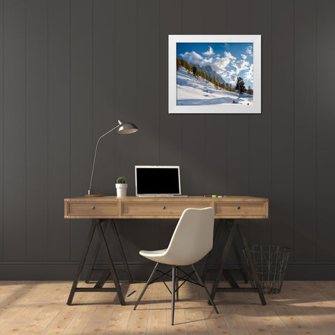 Geisler mountain range in the dolomites of the Villnoss Valley in South Tyrol-Alto Adige after an a White Modern Wood Framed Art Print by Zwick, Martin
