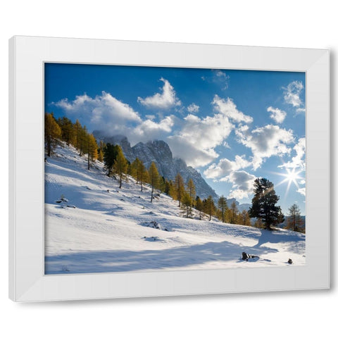Geisler mountain range in the dolomites of the Villnoss Valley in South Tyrol-Alto Adige after an a White Modern Wood Framed Art Print by Zwick, Martin