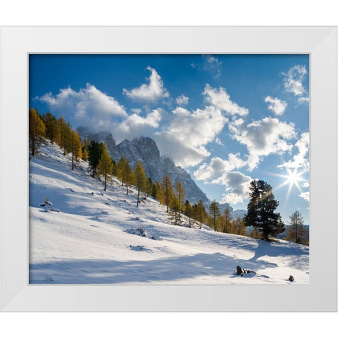 Geisler mountain range in the dolomites of the Villnoss Valley in South Tyrol-Alto Adige after an a White Modern Wood Framed Art Print by Zwick, Martin