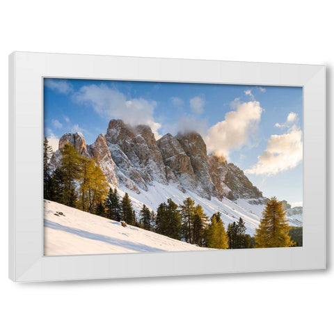 Geisler mountain range in the dolomites of the Villnoss Valley in South Tyrol-Alto Adige after an a White Modern Wood Framed Art Print by Zwick, Martin