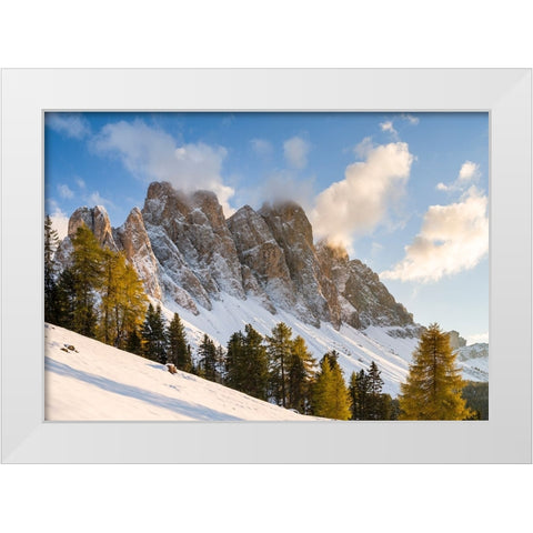 Geisler mountain range in the dolomites of the Villnoss Valley in South Tyrol-Alto Adige after an a White Modern Wood Framed Art Print by Zwick, Martin