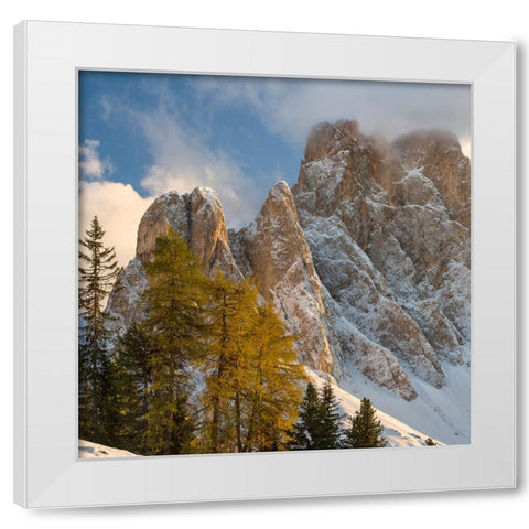 Geisler mountain range in the dolomites of the Villnoss Valley in South Tyrol-Alto Adige after an a White Modern Wood Framed Art Print by Zwick, Martin