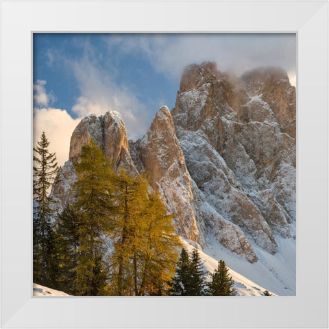 Geisler mountain range in the dolomites of the Villnoss Valley in South Tyrol-Alto Adige after an a White Modern Wood Framed Art Print by Zwick, Martin
