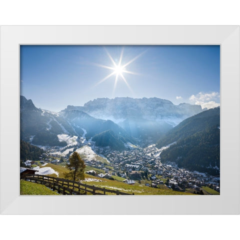 Sella mountain range and village Wolkenstein-Selva in the dolomites of South Tyrol-Alto Adige seen  White Modern Wood Framed Art Print by Zwick, Martin
