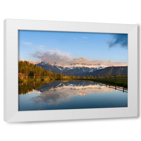 Rosengarten-Catinaccio mountain range in the dolomites of South Tyrol-Alto Adige-are reflected in a White Modern Wood Framed Art Print by Zwick, Martin