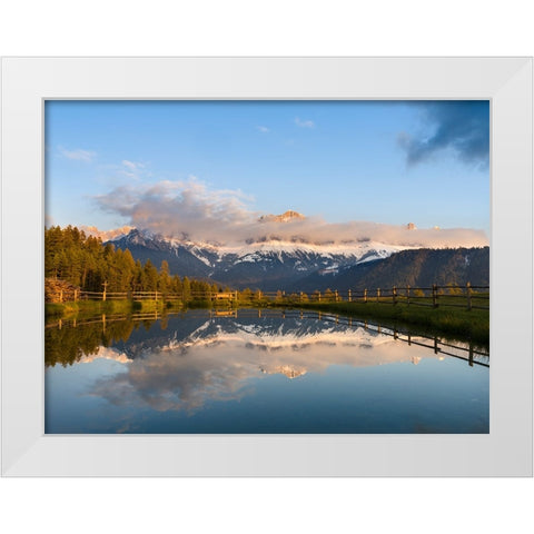 Rosengarten-Catinaccio mountain range in the dolomites of South Tyrol-Alto Adige-are reflected in a White Modern Wood Framed Art Print by Zwick, Martin