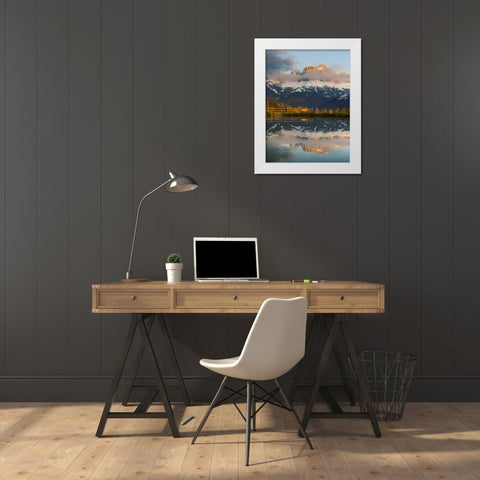 Rosengarten-Catinaccio mountain range in the dolomites of South Tyrol-Alto Adige-are reflected in a White Modern Wood Framed Art Print by Zwick, Martin