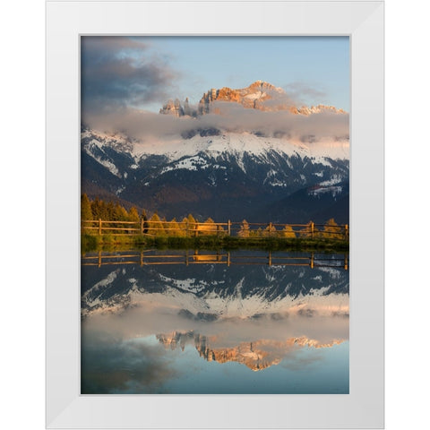 Rosengarten-Catinaccio mountain range in the dolomites of South Tyrol-Alto Adige-are reflected in a White Modern Wood Framed Art Print by Zwick, Martin