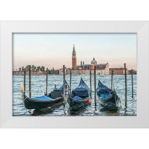 Italy-Venice Gondolas on the waterfront with San Giorgio Maggiore Church in the background White Modern Wood Framed Art Print by Tilley, Rob