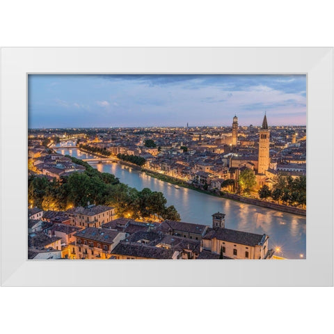 Italy-Verona Looking Down From Castello San Pietro at Twilight White Modern Wood Framed Art Print by Tilley, Rob