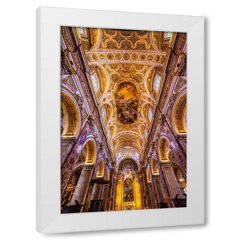Tall Arches Nave Ceiling Frescos Saint Louis of French Basilica Church-Rome-Italy  White Modern Wood Framed Art Print by Perry, William