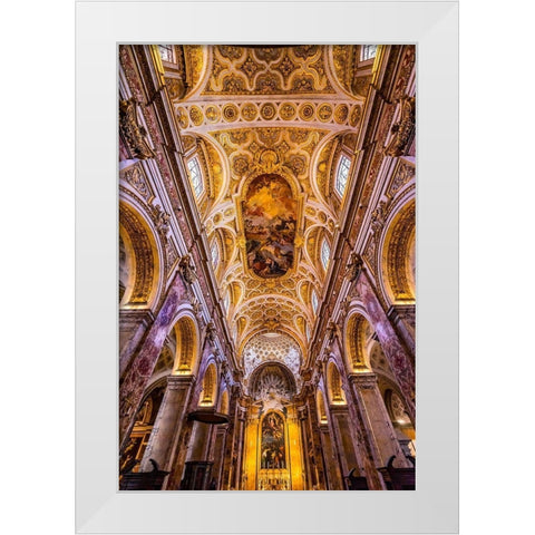Tall Arches Nave Ceiling Frescos Saint Louis of French Basilica Church-Rome-Italy  White Modern Wood Framed Art Print by Perry, William