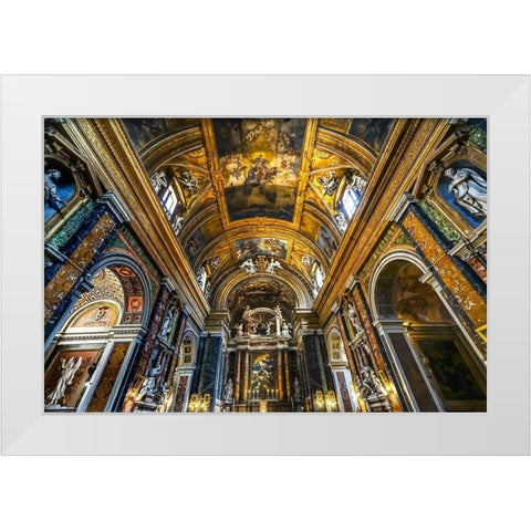 Altar Statues frescoes-Basilica Jesus and Mary Gesu e Maria Church-Rome-Italy White Modern Wood Framed Art Print by Perry, William