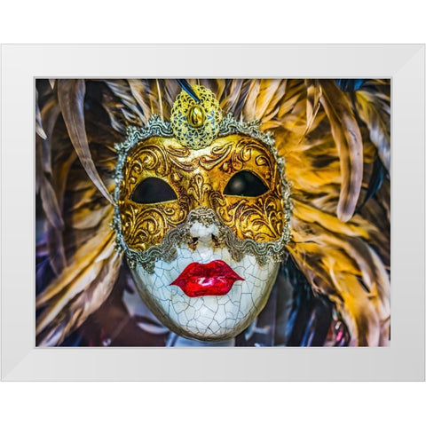 White golden Venetian mask feathers-Venice-Italy-Used since 1200s for Carnival-Also used for Mardi  White Modern Wood Framed Art Print by Perry, William