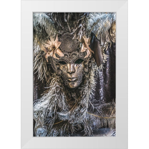 Silver Venetian mask feathers-Venice-Italy-Used since 1200s for Carnival-Also used for Mardi Gras White Modern Wood Framed Art Print by Perry, William