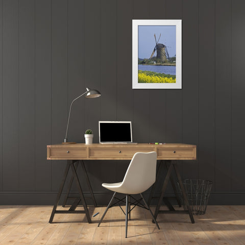 Netherlands, Kinderdijk, windmill White Modern Wood Framed Art Print by Flaherty, Dennis