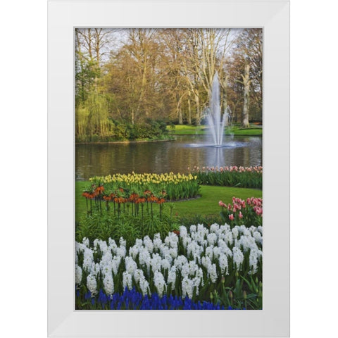 Netherlands, Lisse Garden scenic with a fountain White Modern Wood Framed Art Print by Flaherty, Dennis