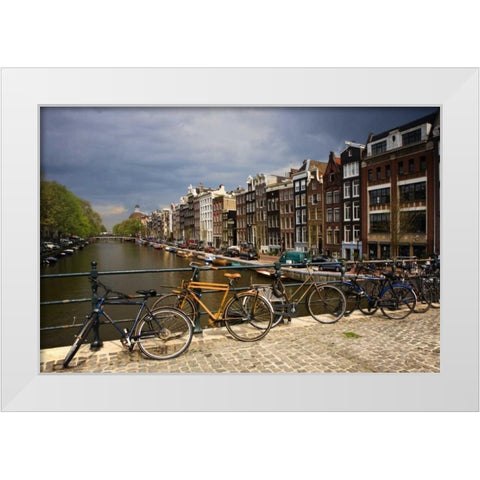 Netherlands, Amsterdam Canal from bridge White Modern Wood Framed Art Print by Flaherty, Dennis