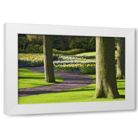 Holland, Lisse Curving path through a gardens White Modern Wood Framed Art Print by Flaherty, Dennis