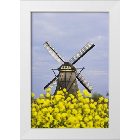 Netherlands, Kinderdijk Windmill with flowers White Modern Wood Framed Art Print by Flaherty, Dennis