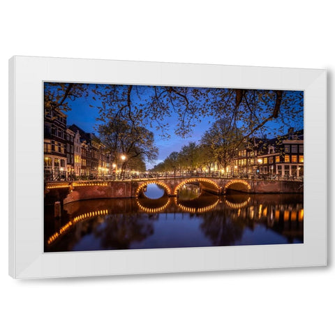 Europe-The Netherlands-Amsterdam-Canal scene at night White Modern Wood Framed Art Print by Jaynes Gallery