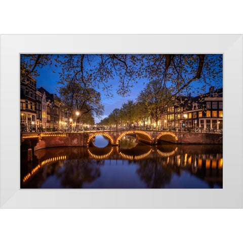 Europe-The Netherlands-Amsterdam-Canal scene at night White Modern Wood Framed Art Print by Jaynes Gallery