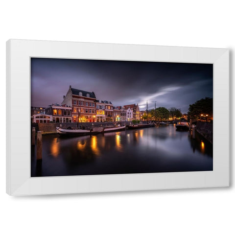 Europe-The Netherlands-Delfshaven-Sunset scene along canal White Modern Wood Framed Art Print by Jaynes Gallery