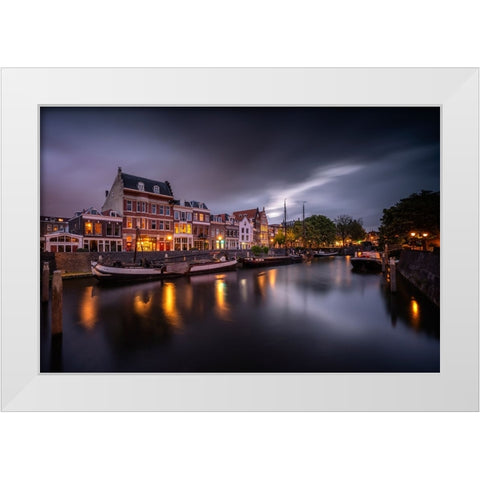 Europe-The Netherlands-Delfshaven-Sunset scene along canal White Modern Wood Framed Art Print by Jaynes Gallery