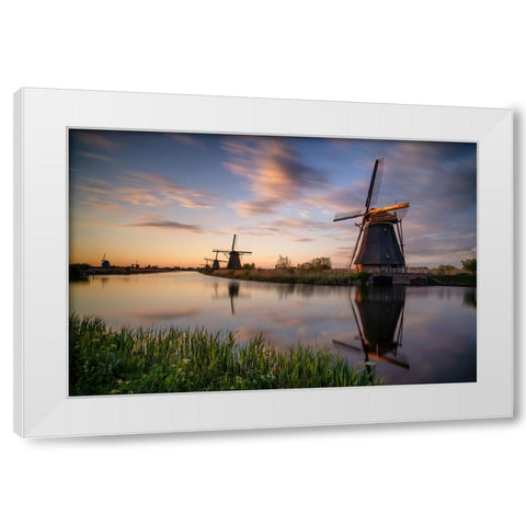 Europe-The Netherlands-Kinderdijk windmills at sunset White Modern Wood Framed Art Print by Jaynes Gallery