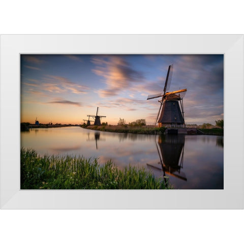 Europe-The Netherlands-Kinderdijk windmills at sunset White Modern Wood Framed Art Print by Jaynes Gallery