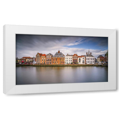 Europe-The Netherlands-Maassluis-Row of buildings on ocean pier White Modern Wood Framed Art Print by Jaynes Gallery