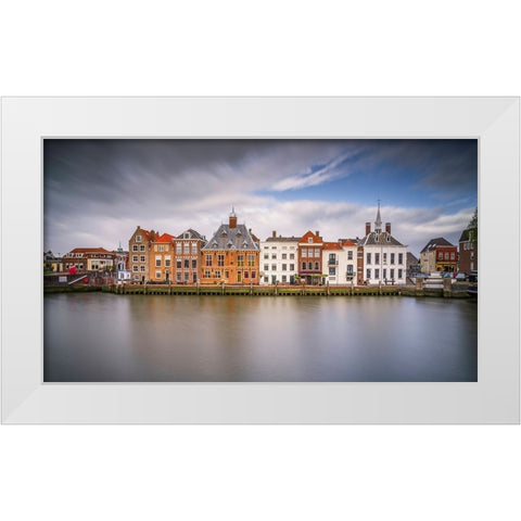 Europe-The Netherlands-Maassluis-Row of buildings on ocean pier White Modern Wood Framed Art Print by Jaynes Gallery